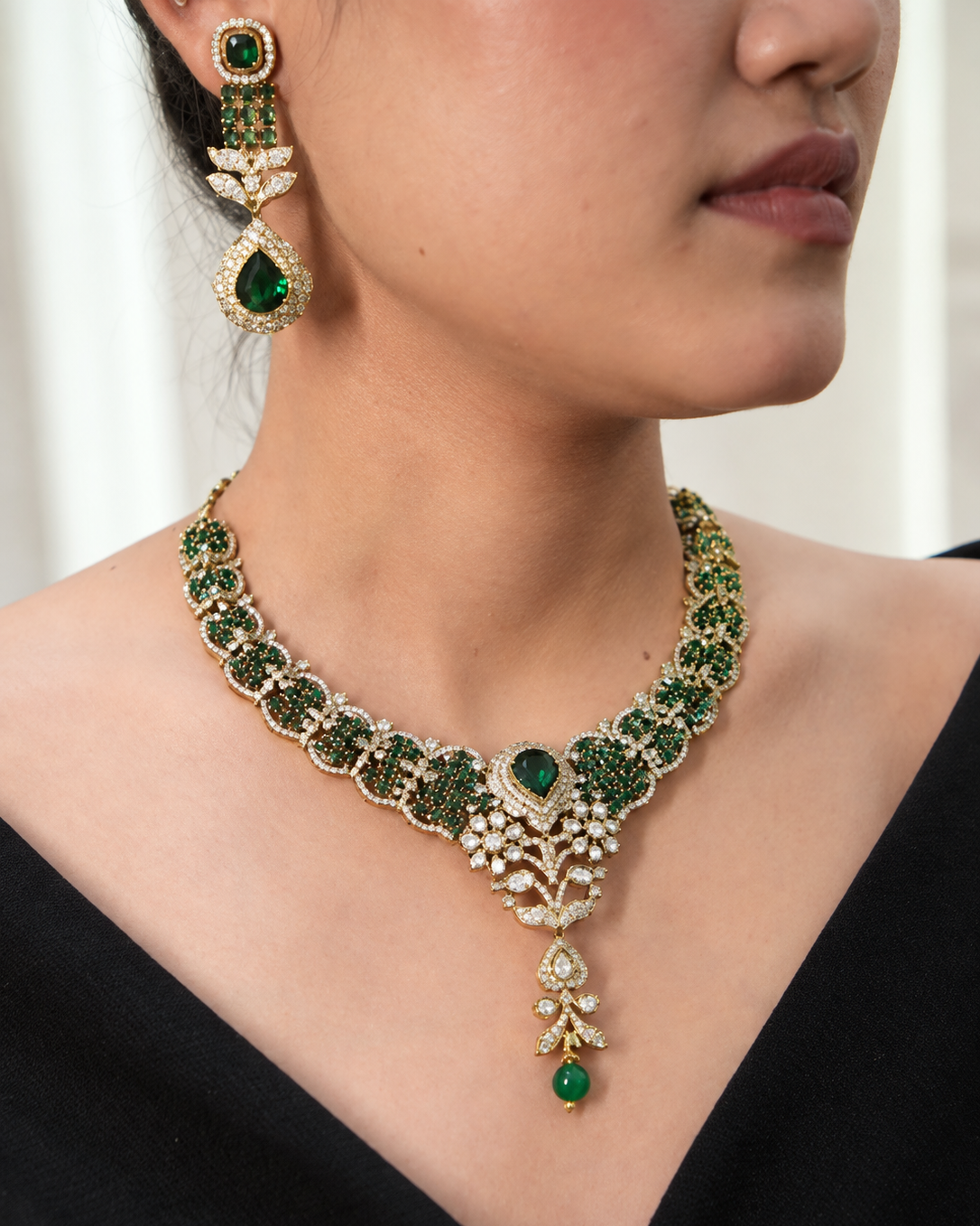Royal Green & Gold Victorian Statement Necklace Set
