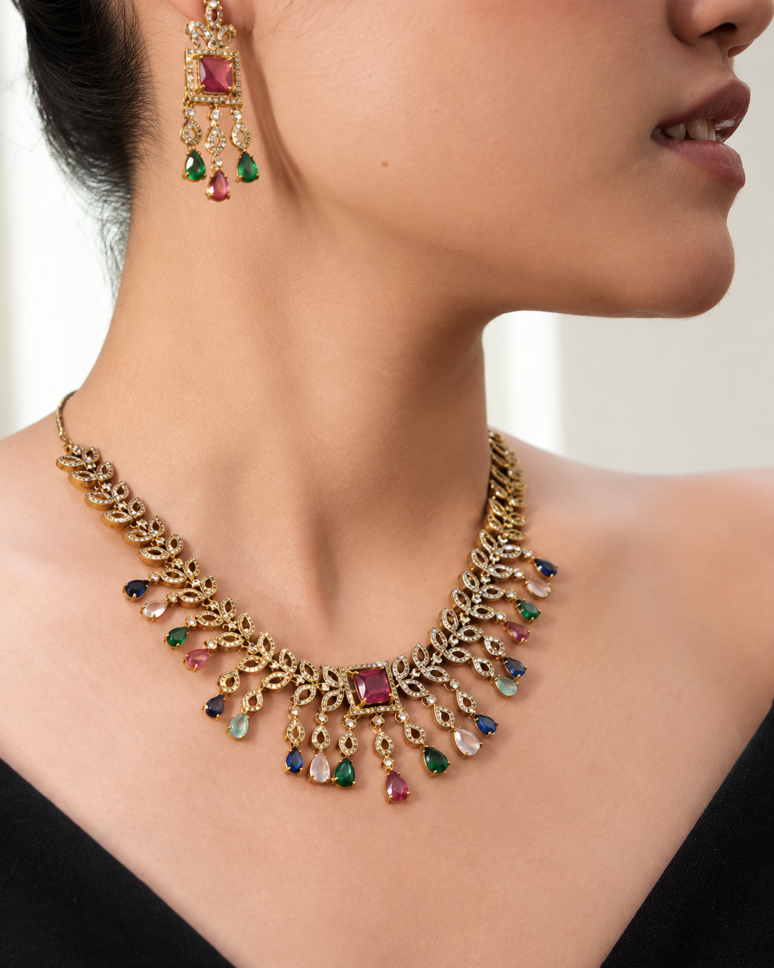 Elegant Gold & White American Diamond Bridal Necklace Set