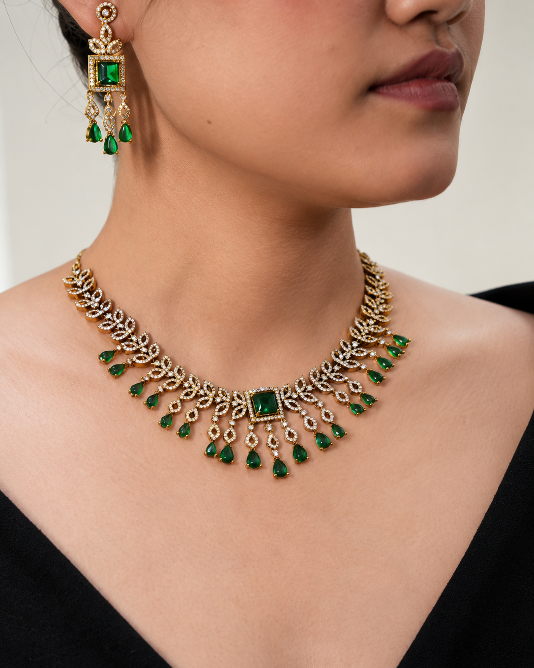 Elegant Gold & Green American Diamond Short Necklace Set