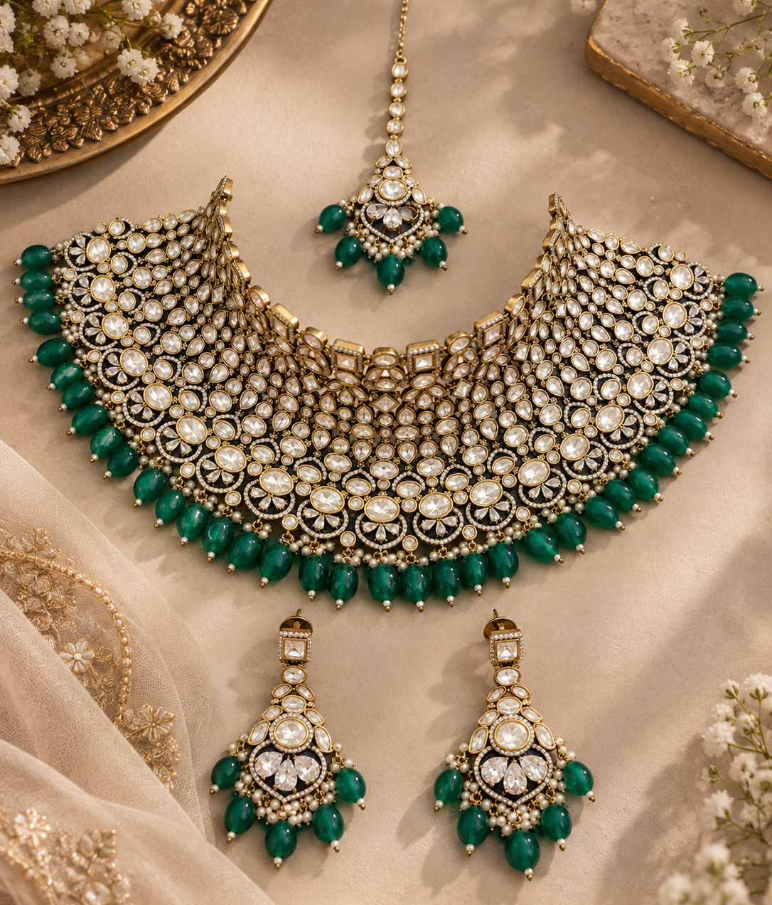 Elegant victorian fringe detailed choker with statement earrings and maangtika