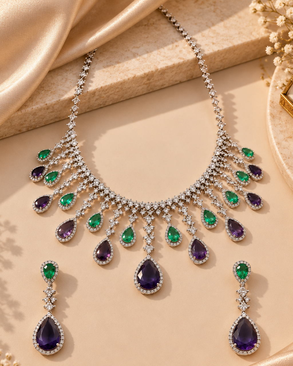 Sapphire Emerald Fringe American Diamond Necklace Set