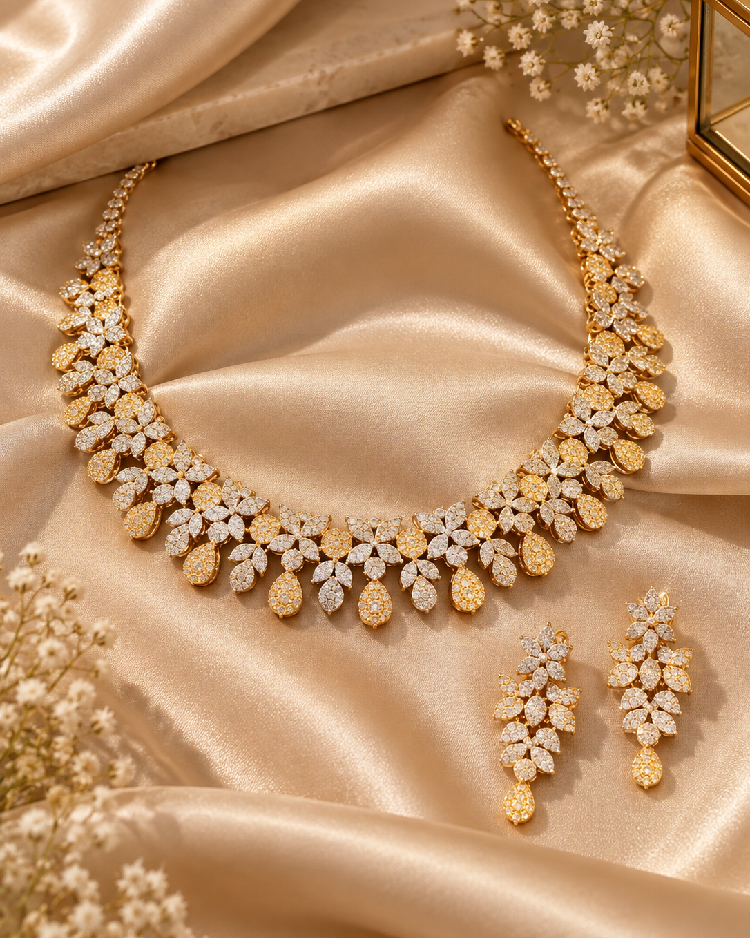 New Arrival – Two-Tone Floral Drop American Diamond Necklace Set