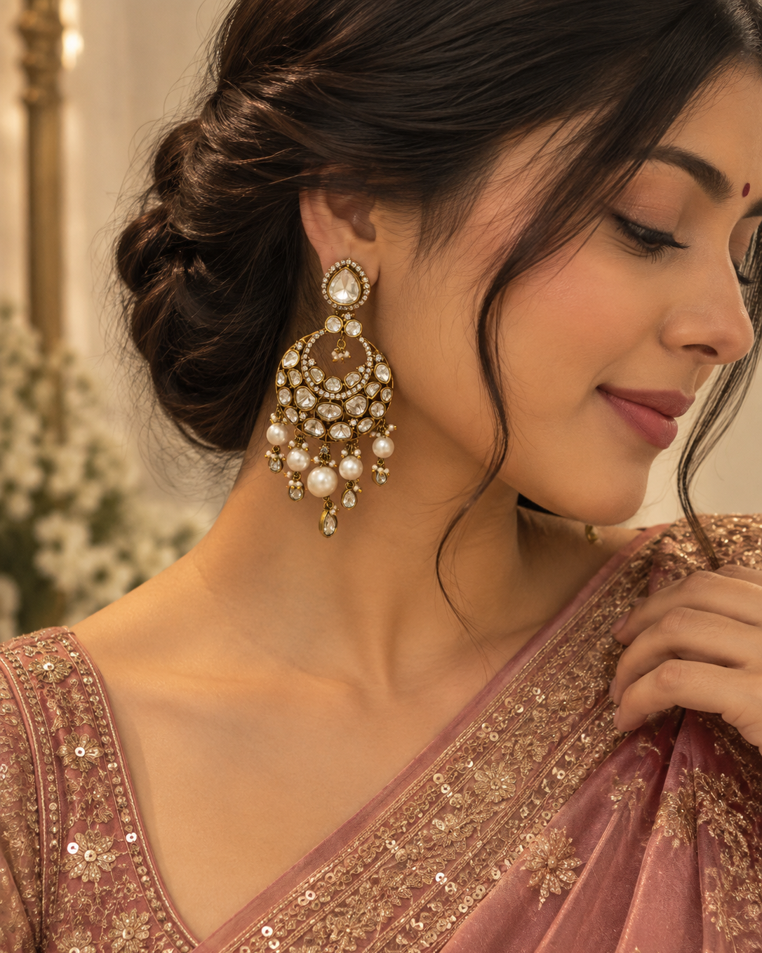 Silver Gold Polki Chandbali