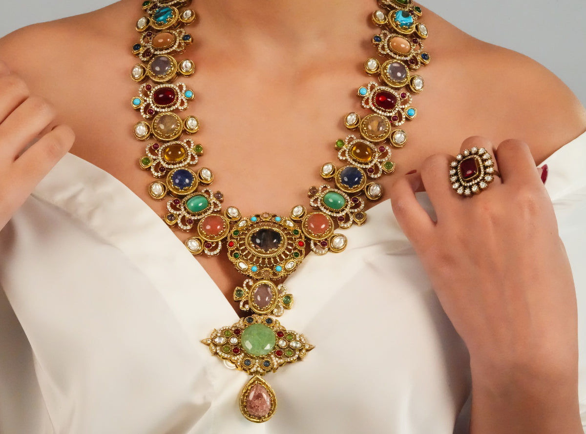 Classic ornate multistone necklace with earrings