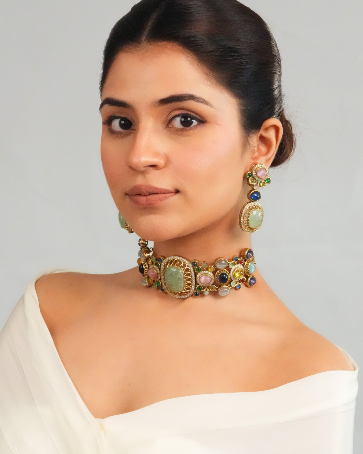 Pastel gemstone centerpiece statement choker with earring
