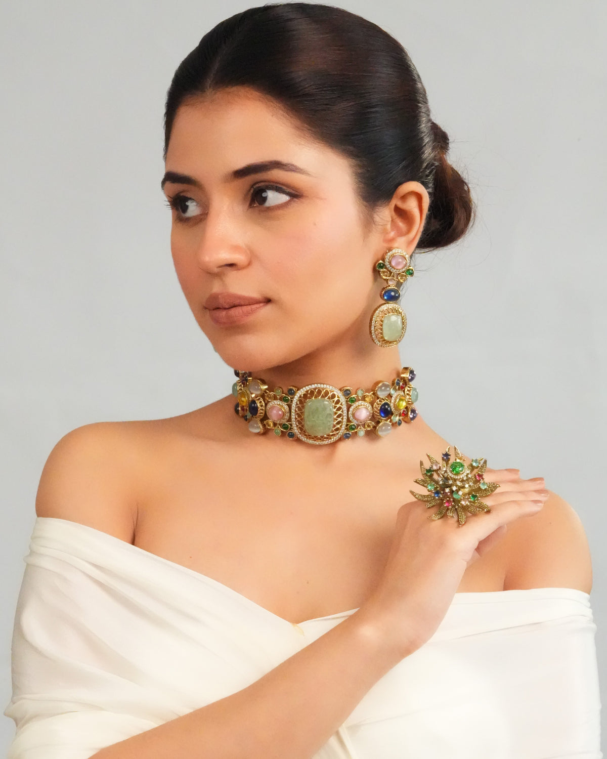 Pastel gemstone centerpiece statement choker with earring