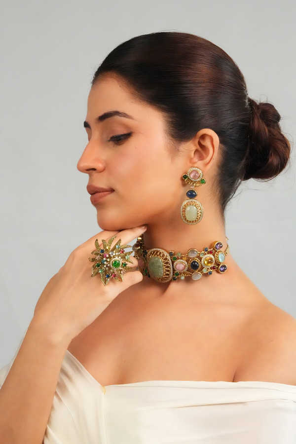 Pastel gemstone centerpiece statement choker with earring