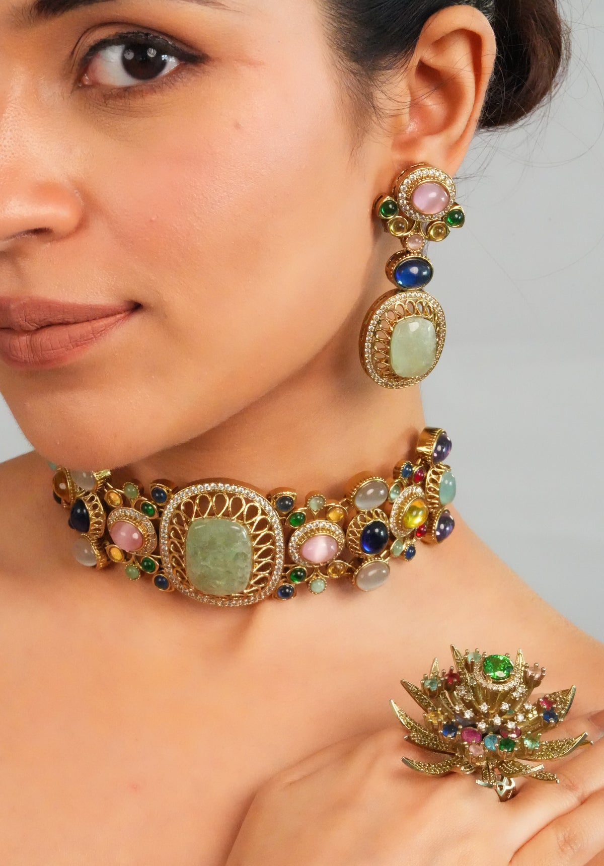 Pastel gemstone centerpiece statement choker with earring