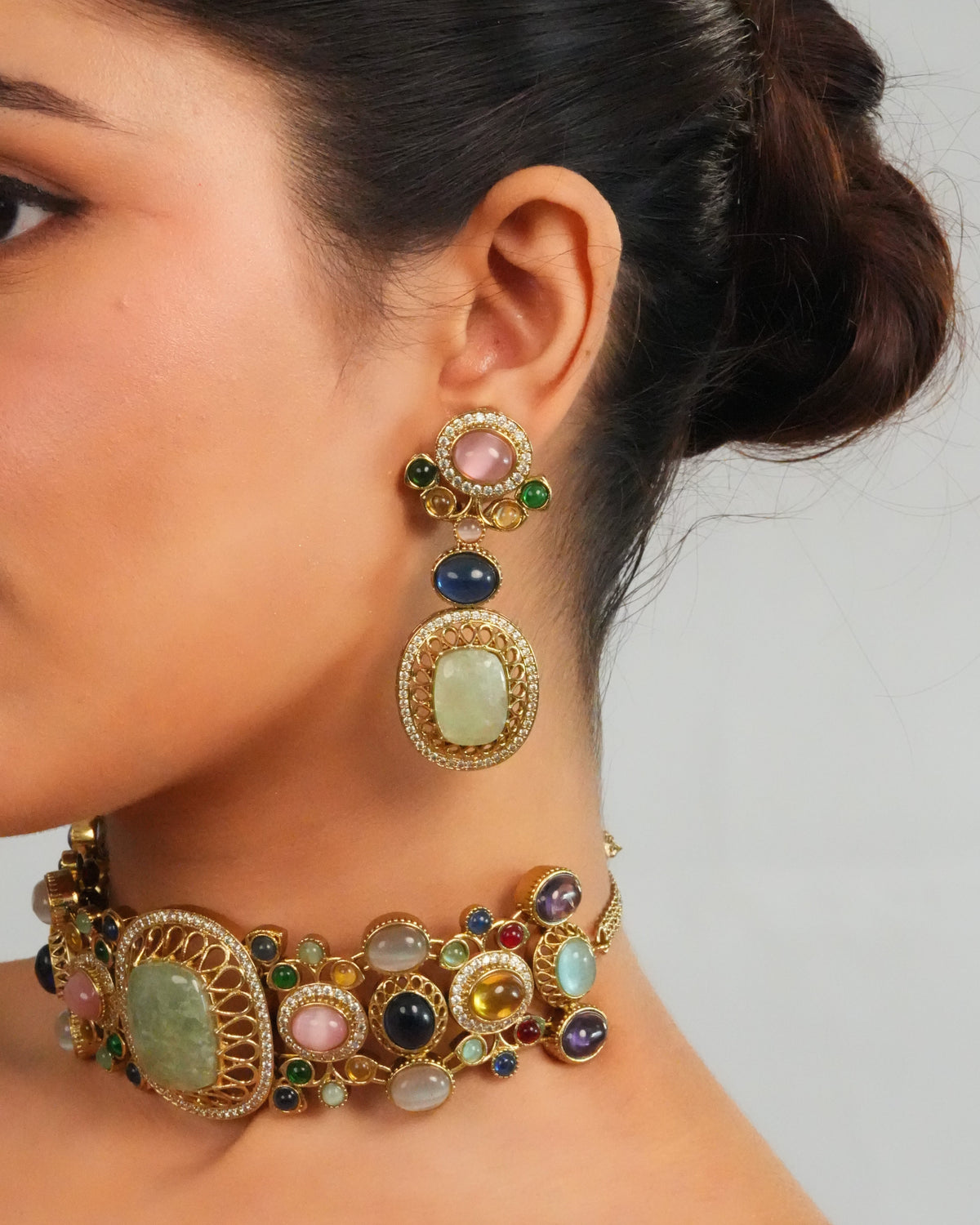Pastel gemstone centerpiece statement choker with earring