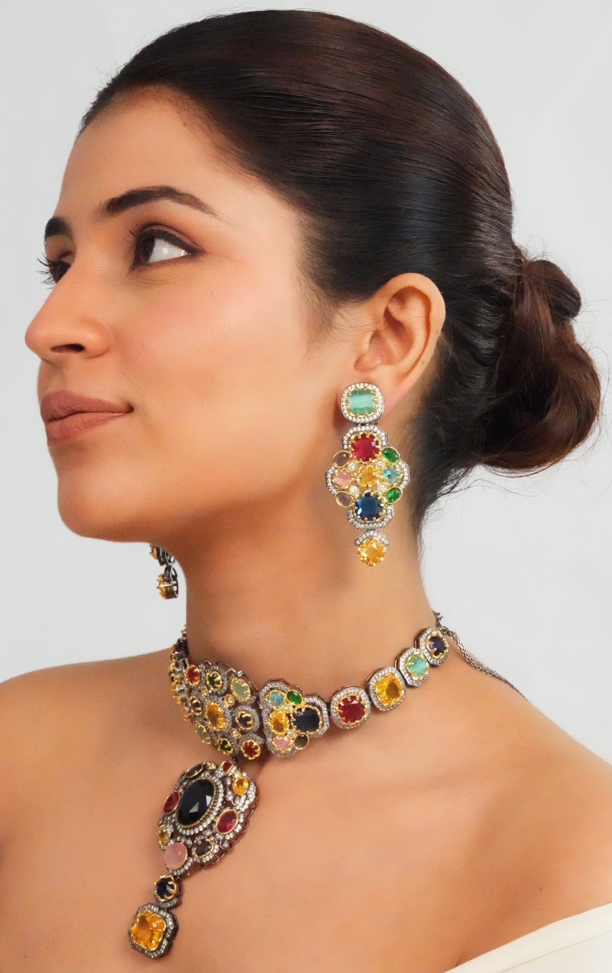 Bold centerpiece ethnic choker with multicolour drop earrings