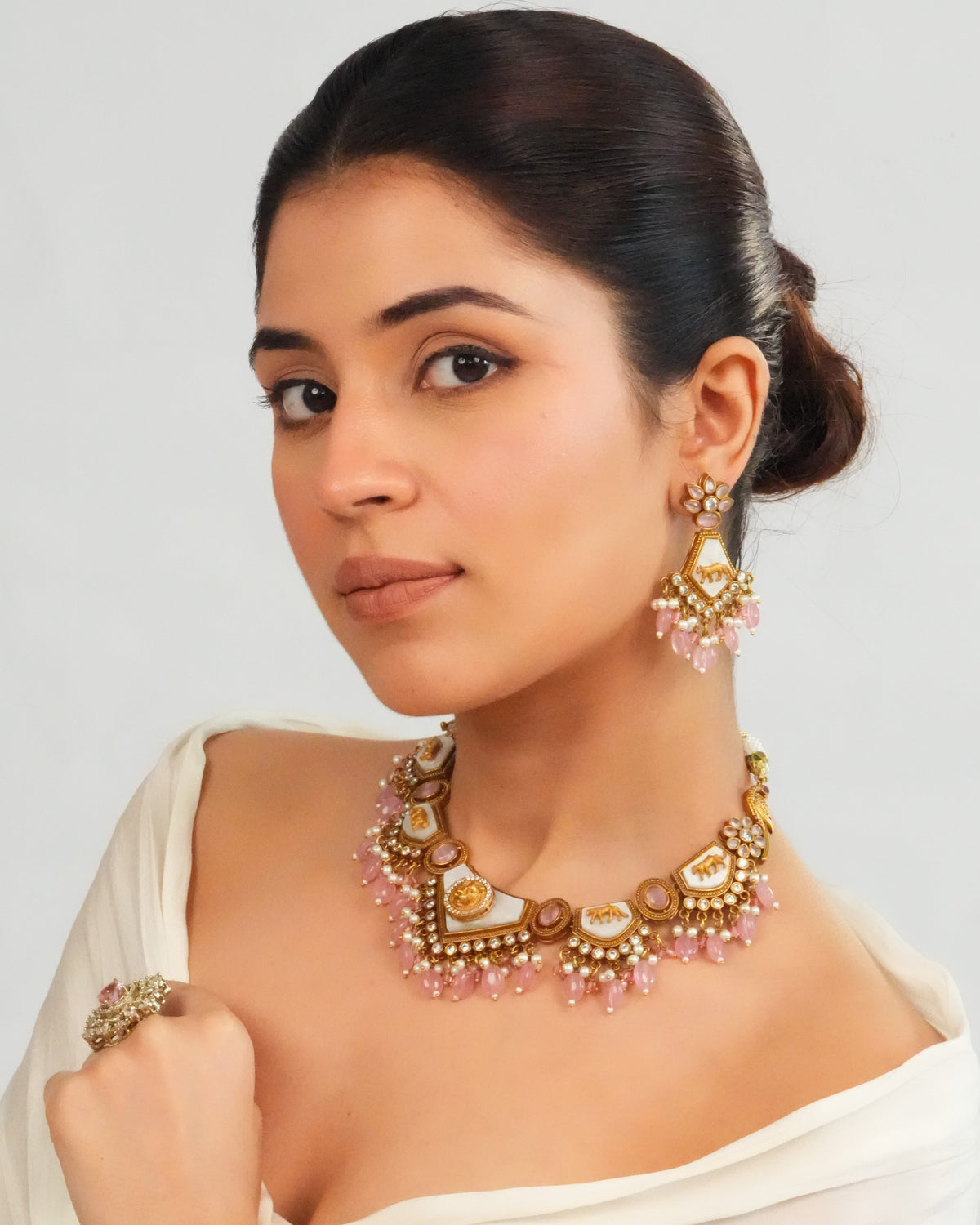 Soft pink beaded statement choker necklace with earrings