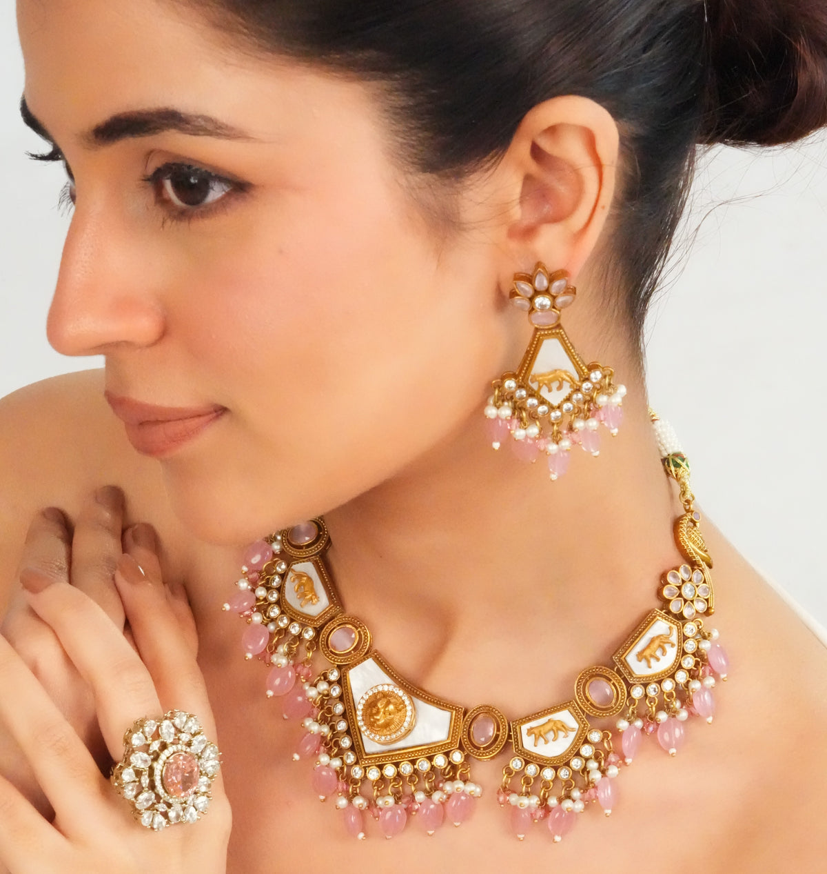 Soft pink beaded statement choker necklace with earrings