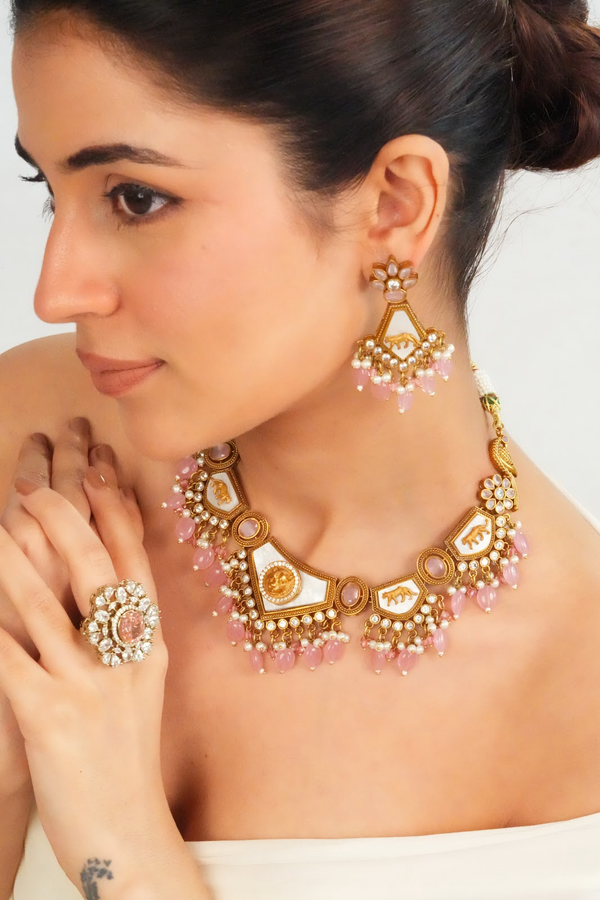 Soft pink beaded statement choker necklace with earrings