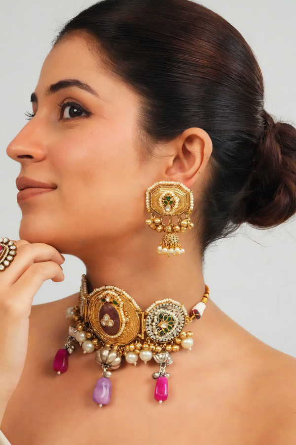 Intricate gemstone charm choker with dome earrings