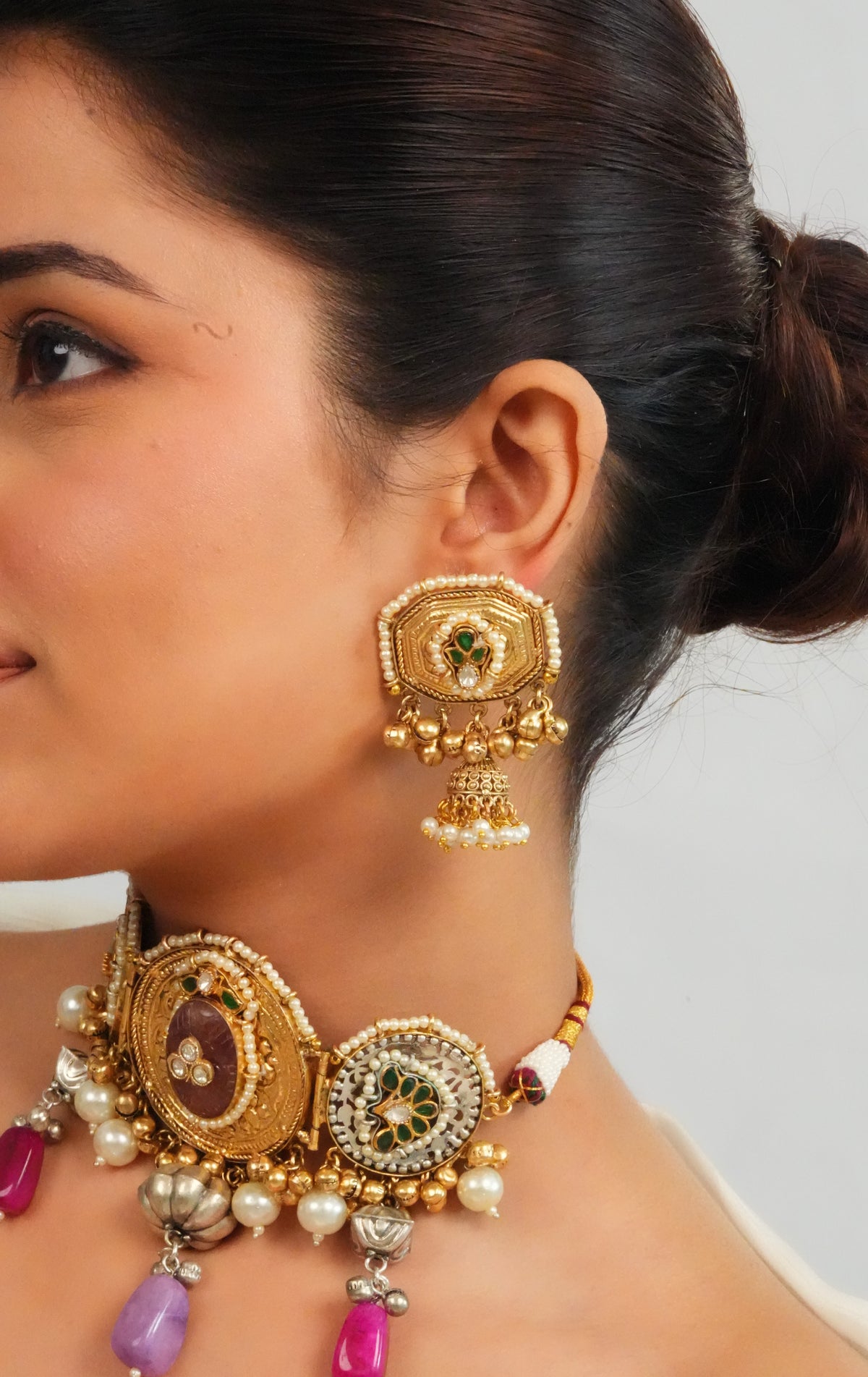 Intricate gemstone charm choker with dome earrings