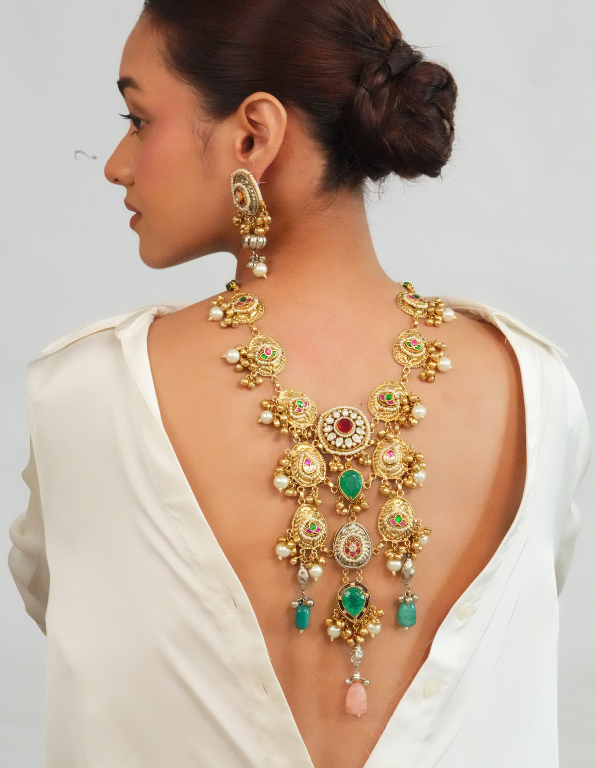 Heritage inspired detailed long necklace with amarpali earrings