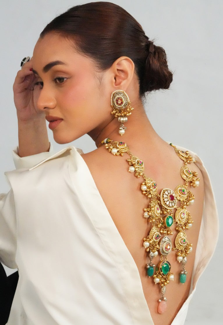 Heritage inspired detailed long necklace with amarpali earrings