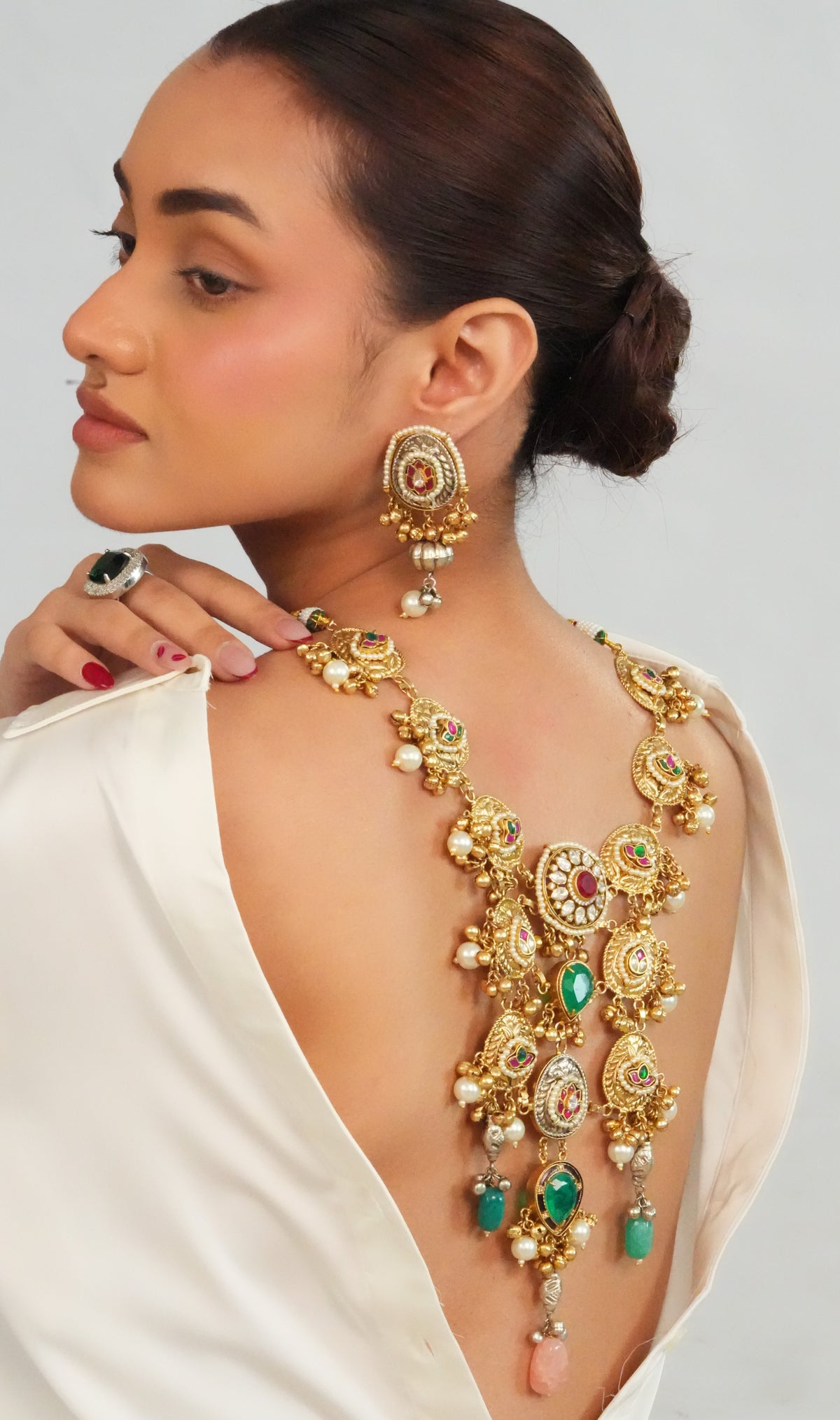 Heritage inspired detailed long necklace with amarpali earrings
