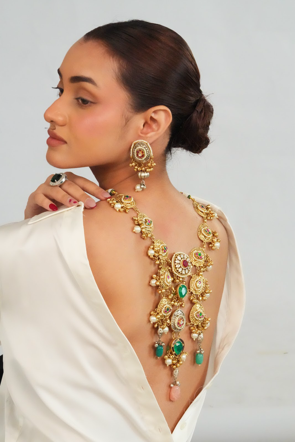 Heritage inspired detailed long necklace with amarpali earrings