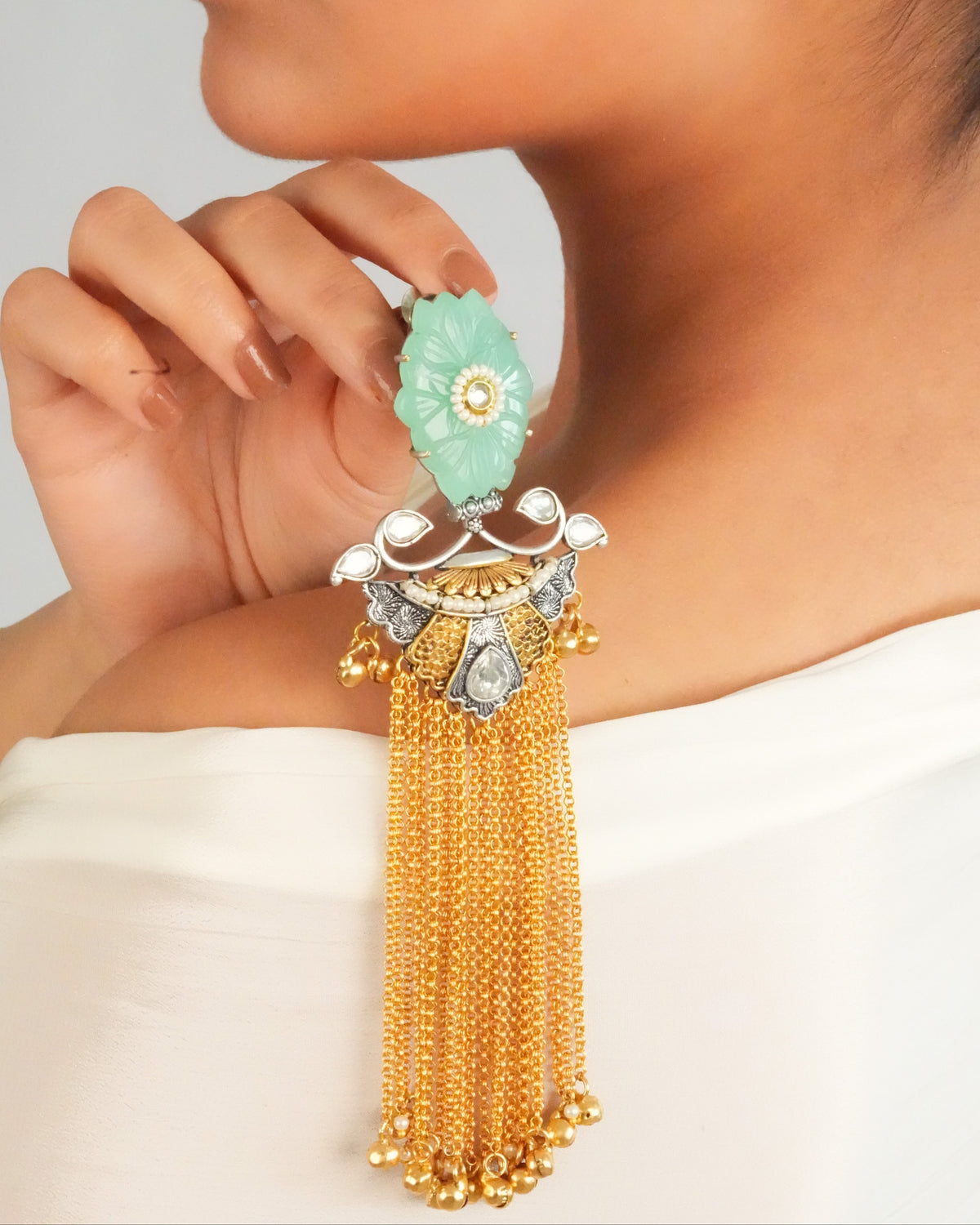 Mint stone tassel chain statement earrings