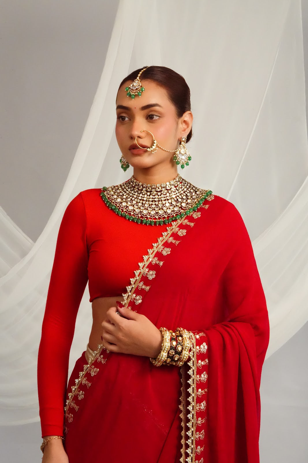 Elegant victorian fringe detailed choker with statement earrings and maangtika