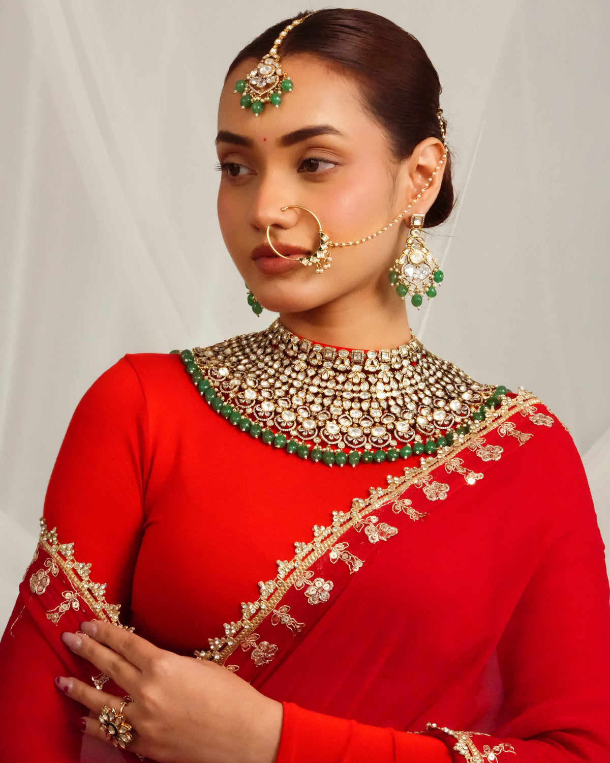 Elegant victorian fringe detailed choker with statement earrings and maangtika