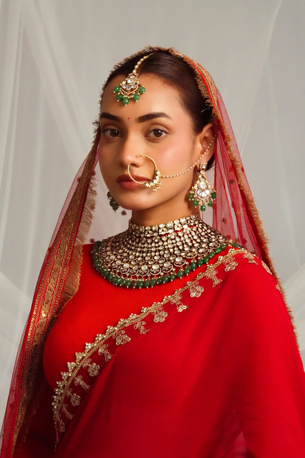 Elegant victorian fringe detailed choker with statement earrings and maangtika