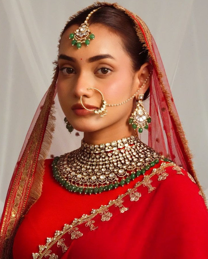 Elegant victorian fringe detailed choker with statement earrings and maangtika