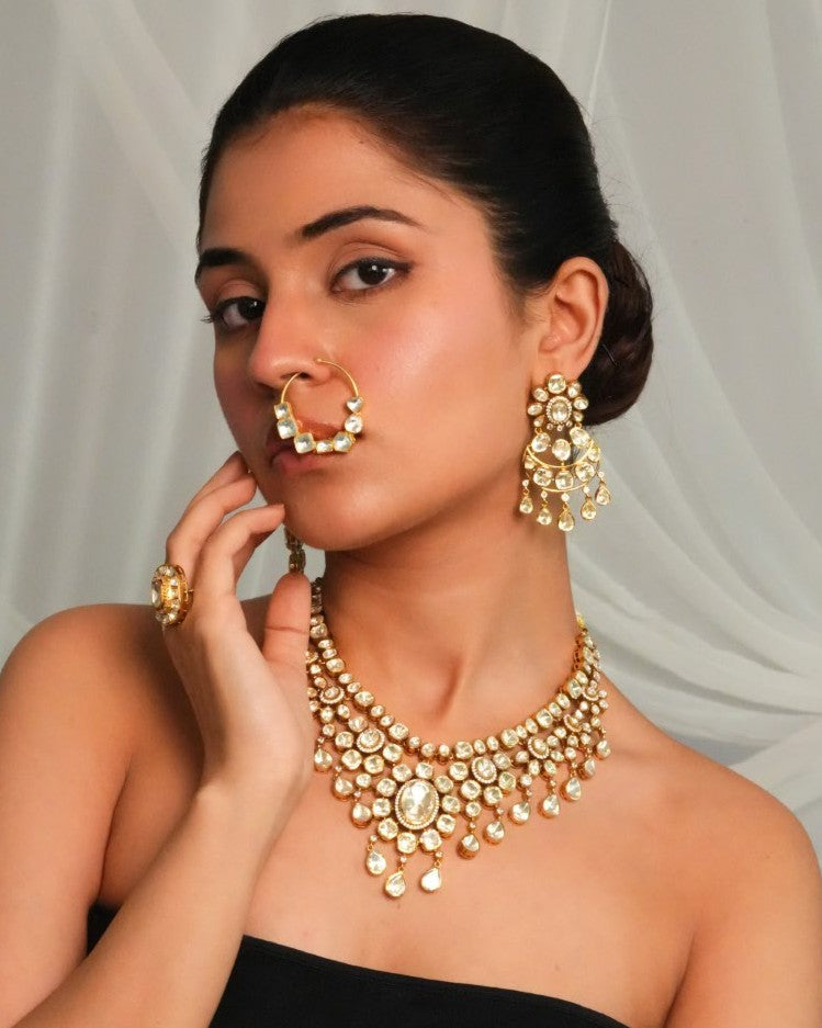 Pearl cluster statement collar necklace with drop earrings