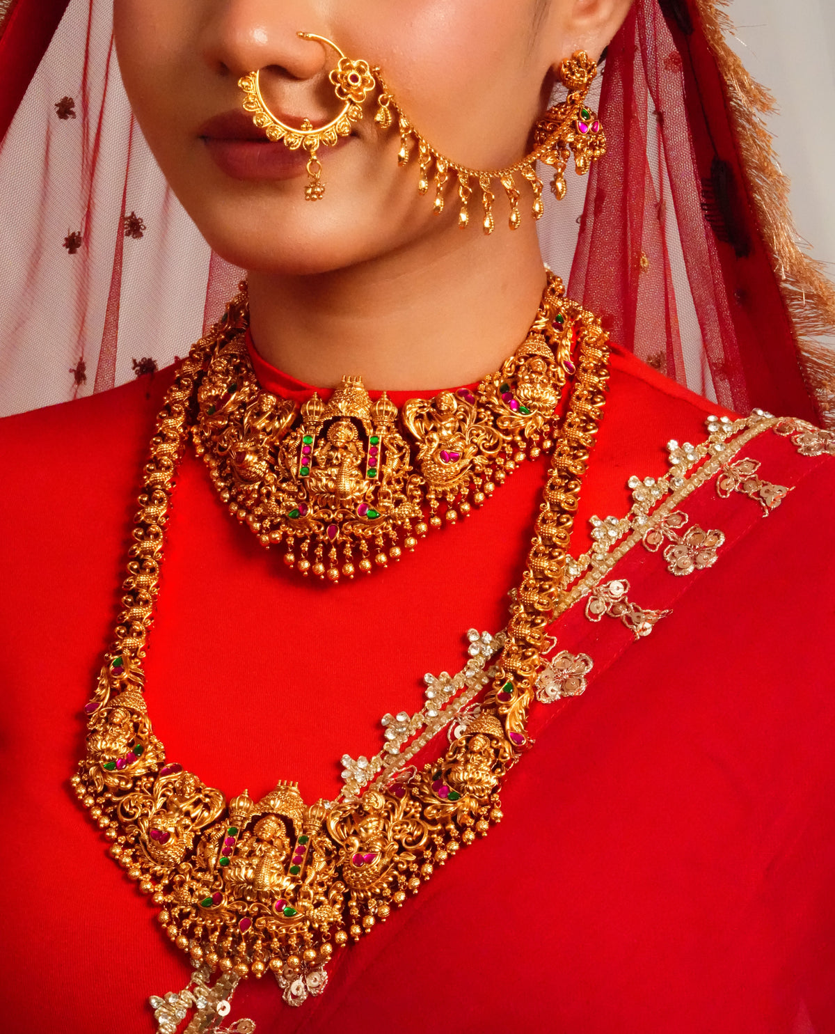 Traditional temple jewellery long necklace with earrings