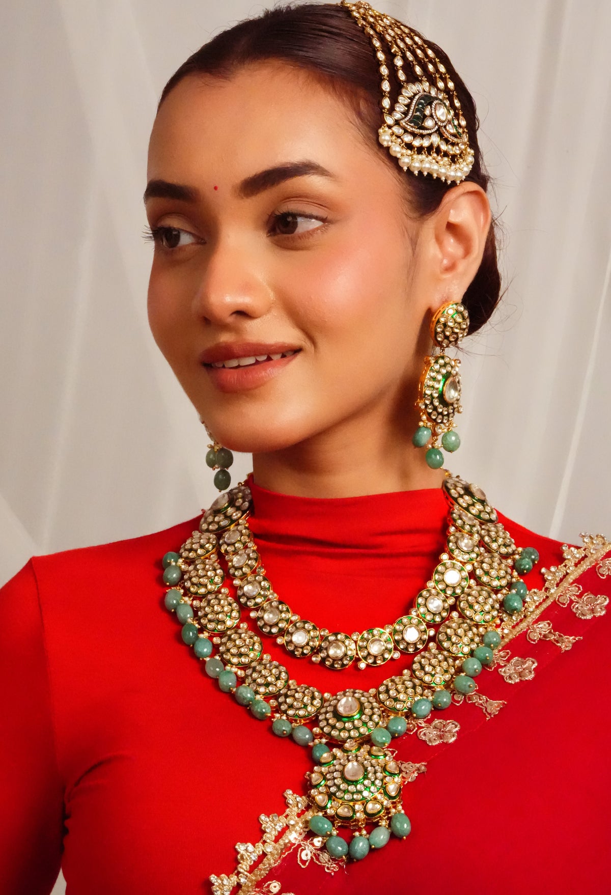 Mint green polki statement necklace with chandelier earrings