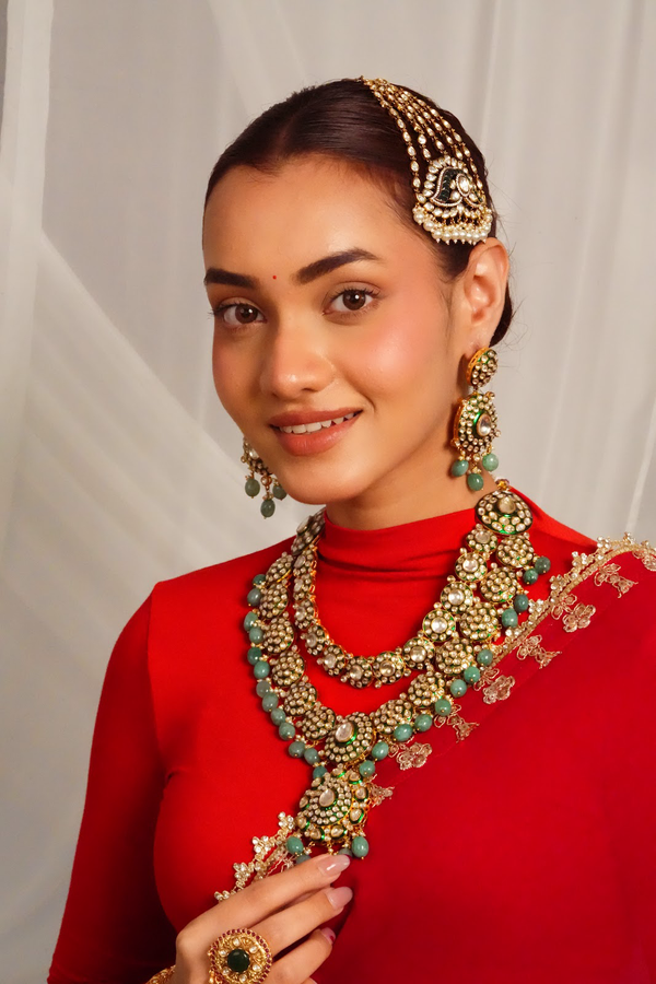 Mint green polki statement necklace with chandelier earrings