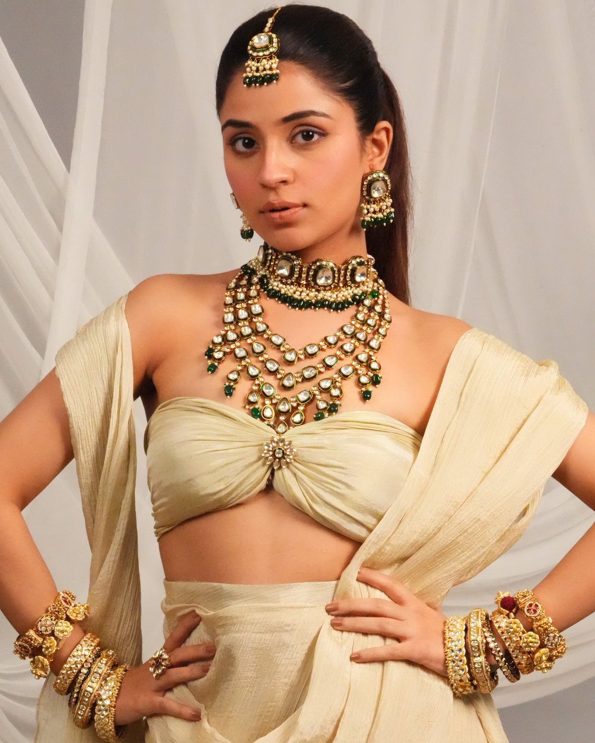 Emerald Fringe Kundan Bridal Set