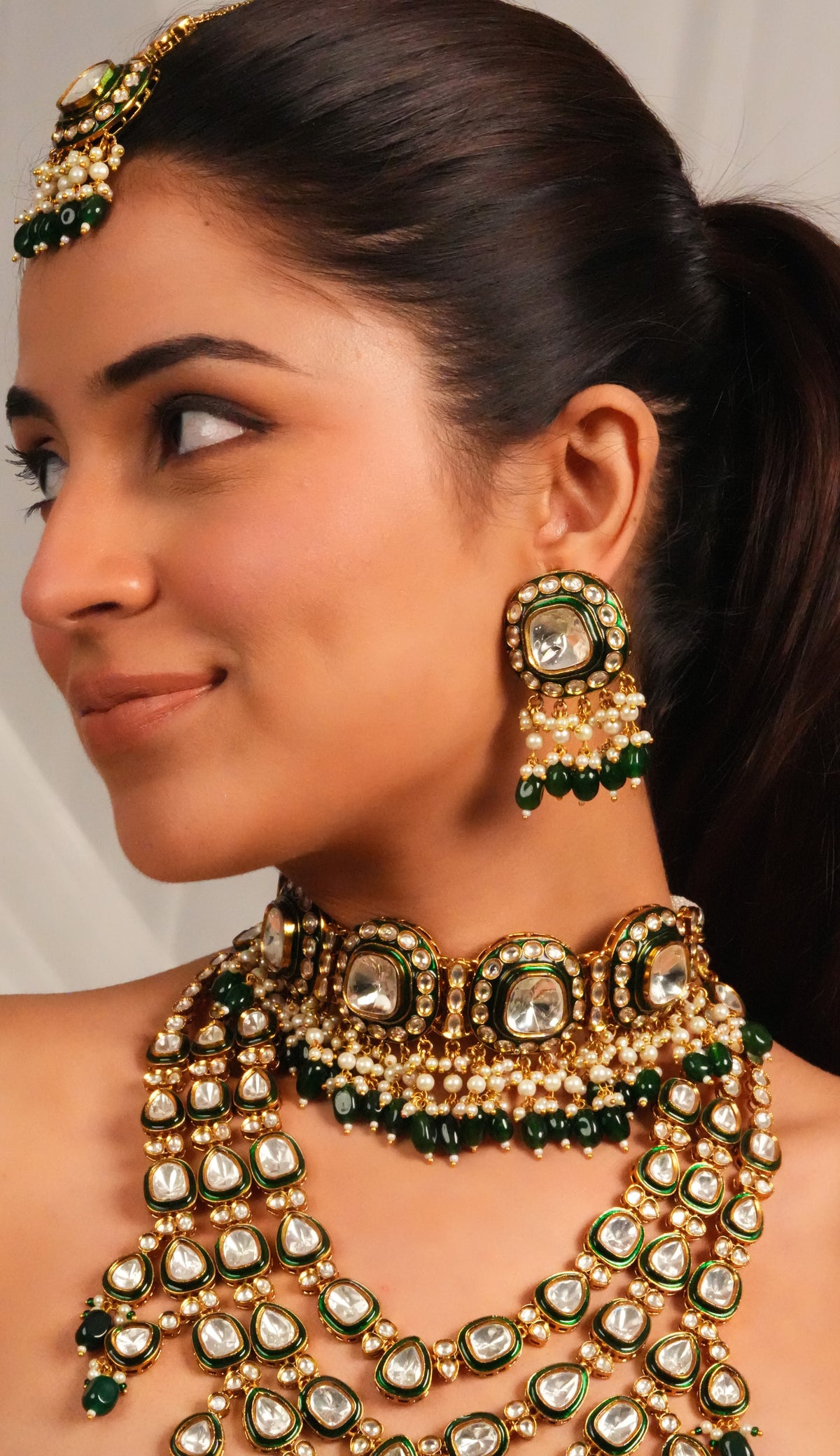 Emerald Fringe Kundan Bridal Set