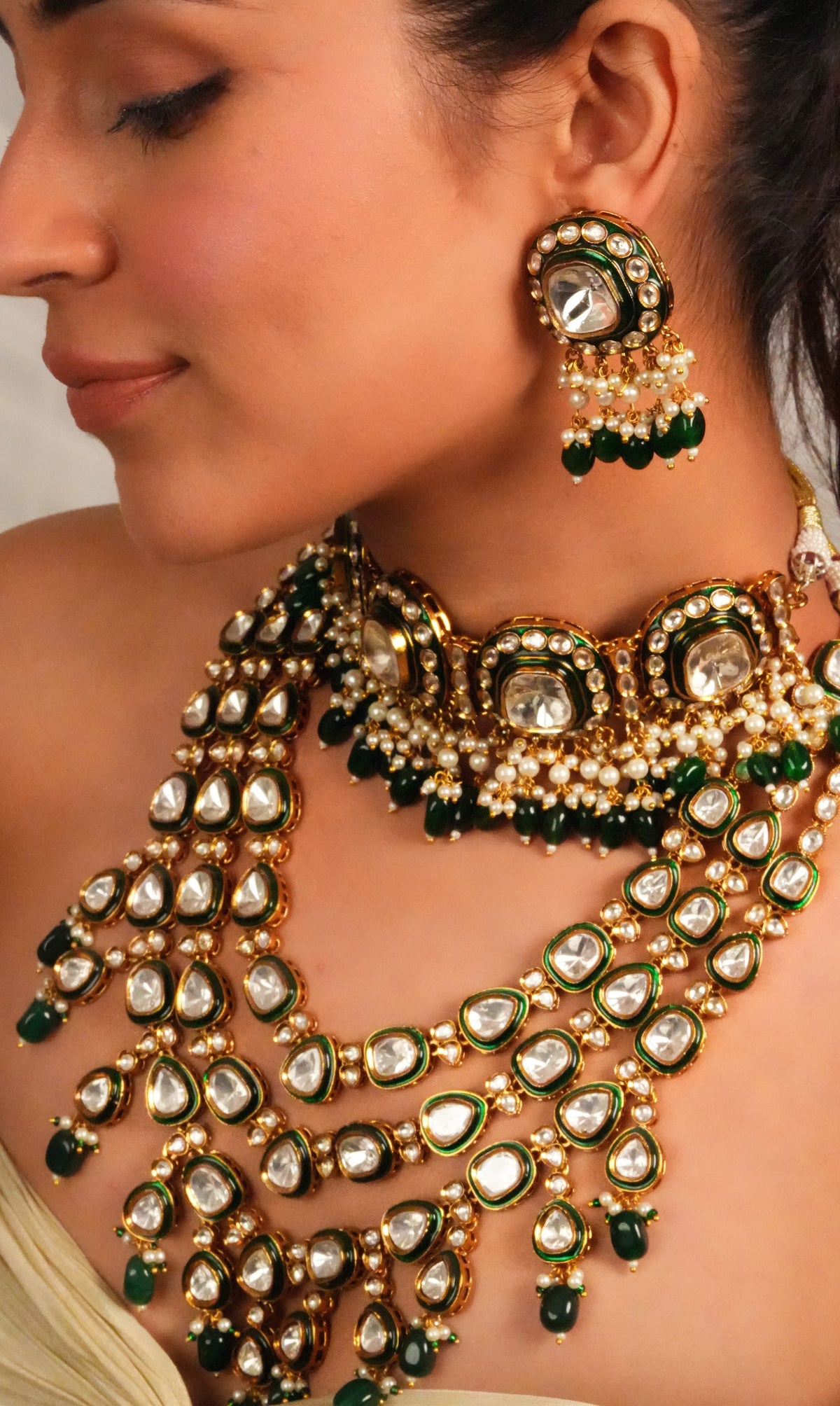 Emerald Fringe Kundan Bridal Set