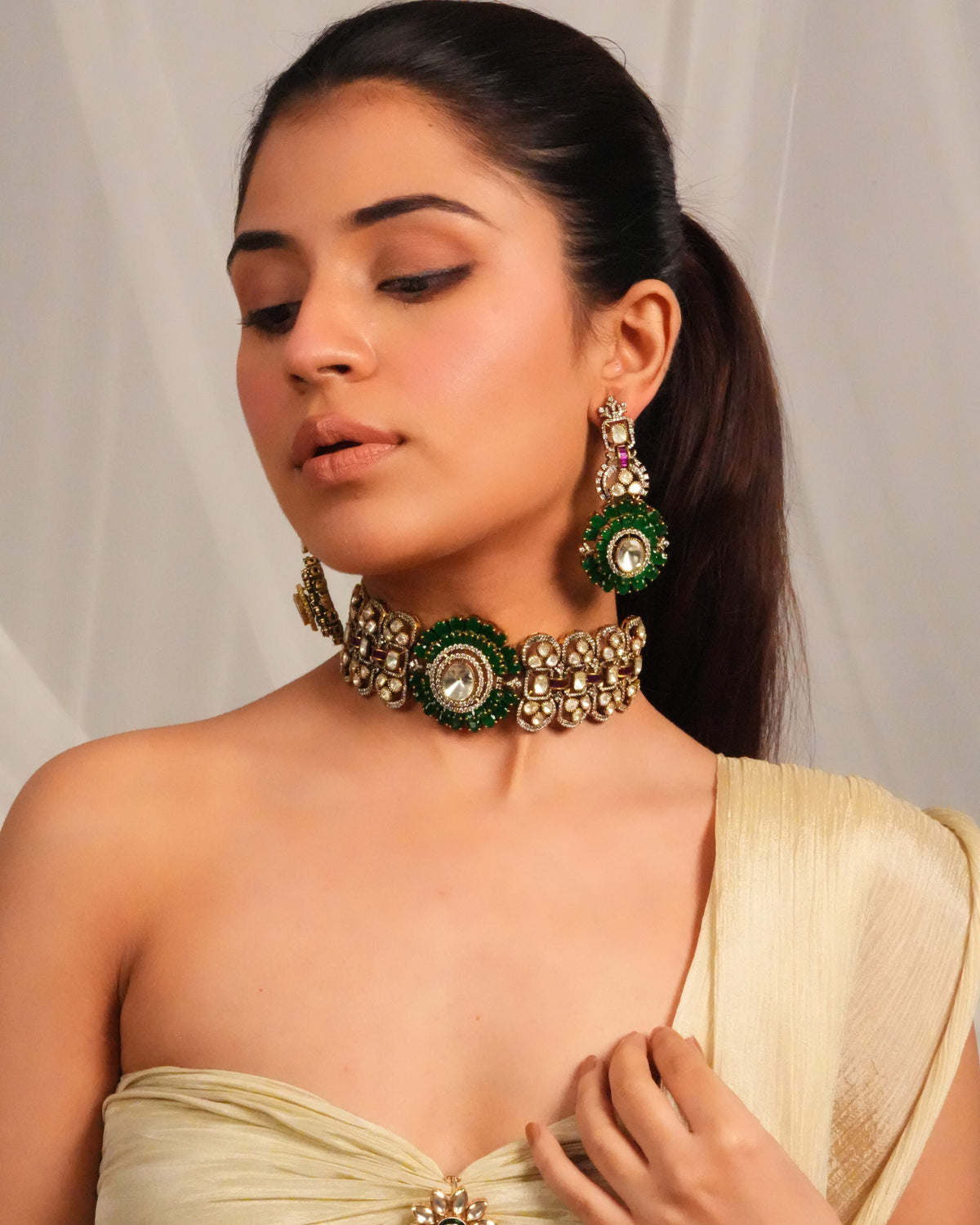 Regal green bead designer necklace with earrings