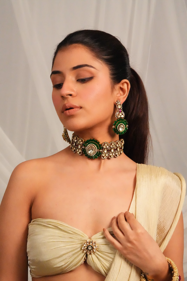 Regal green bead designer necklace with earrings
