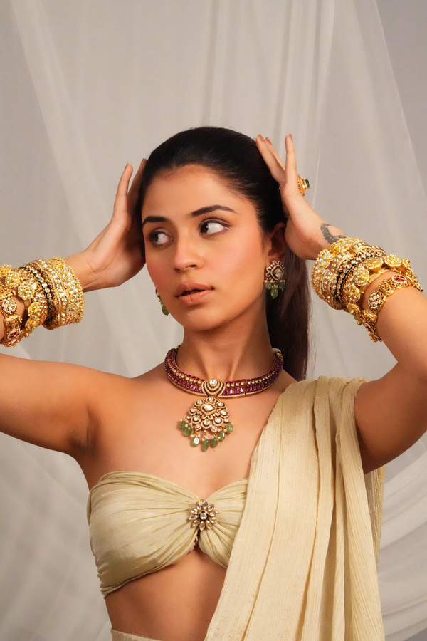 Temple inspired gemstone collar necklace with earrings