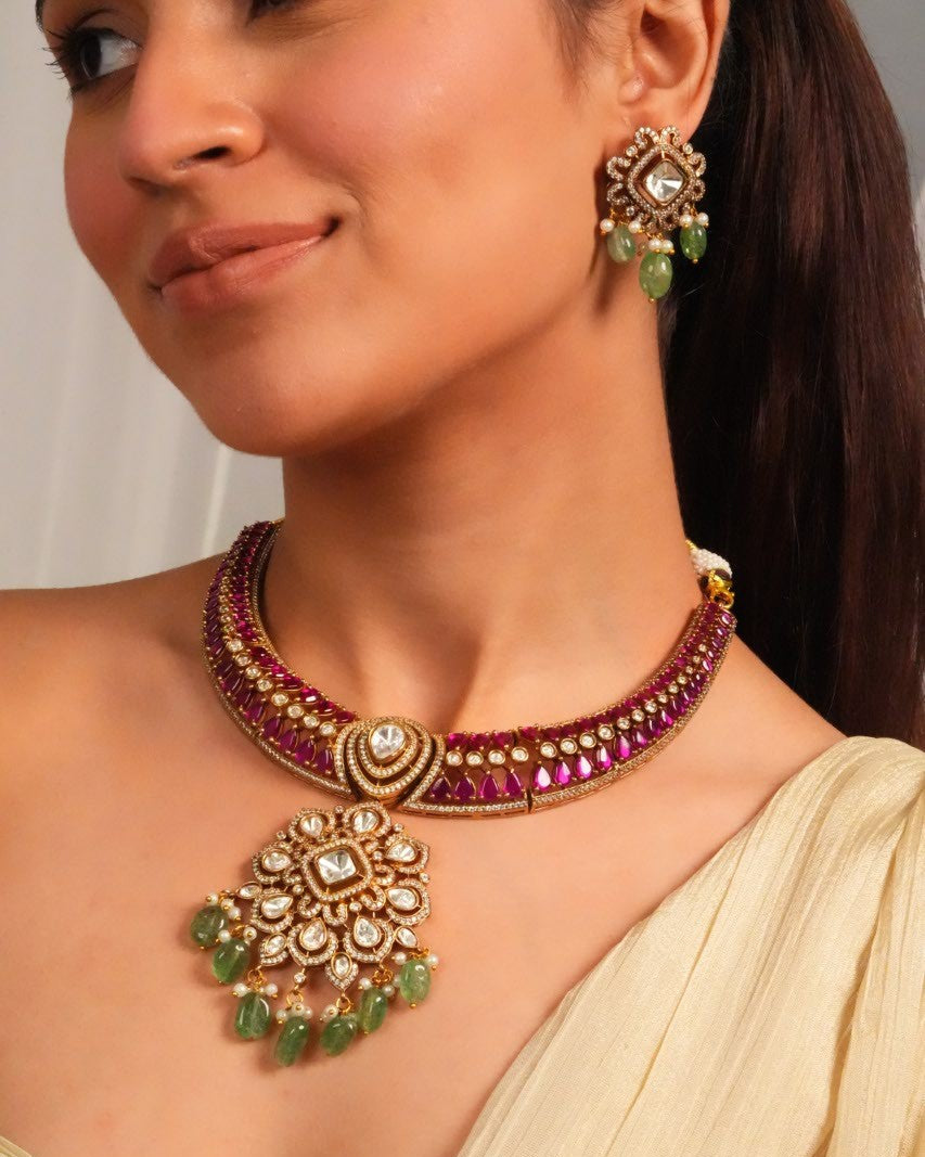 Temple inspired gemstone collar necklace with earrings