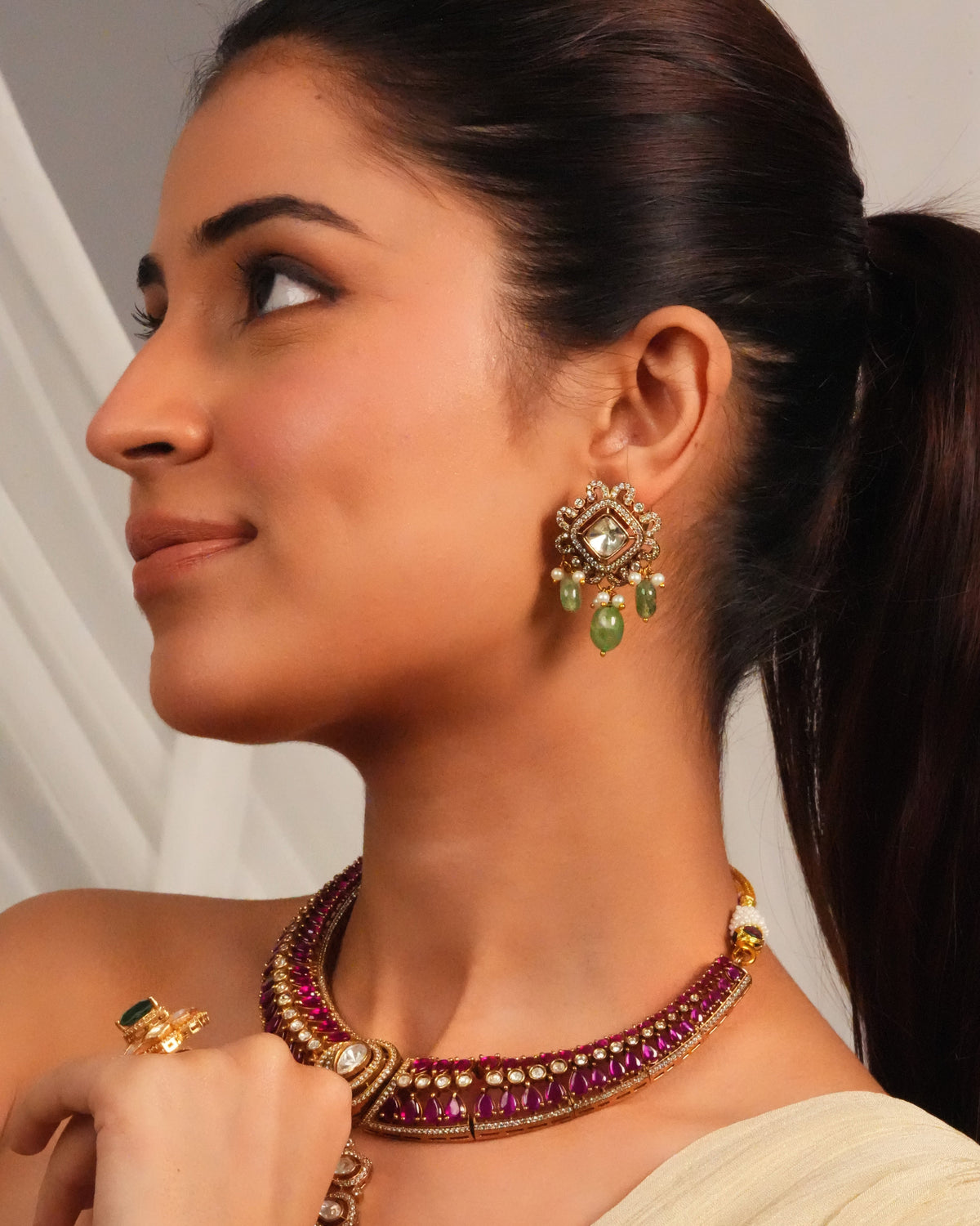 Temple inspired gemstone collar necklace with earrings