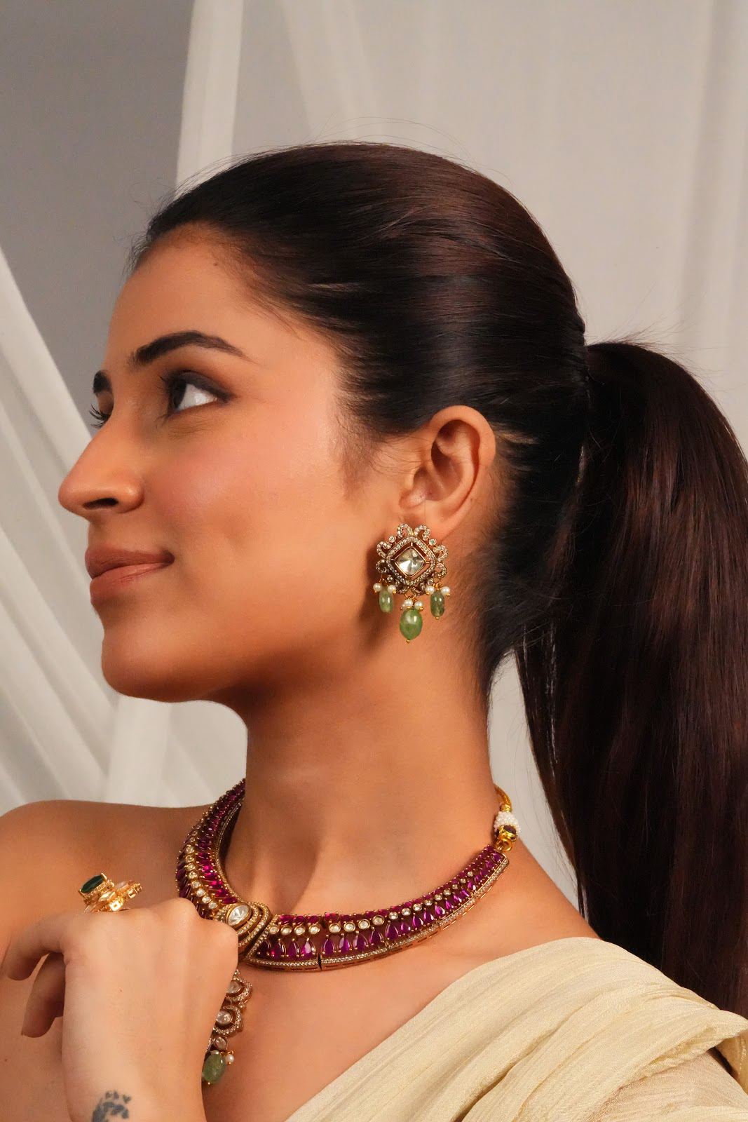 Temple inspired gemstone collar necklace with earrings