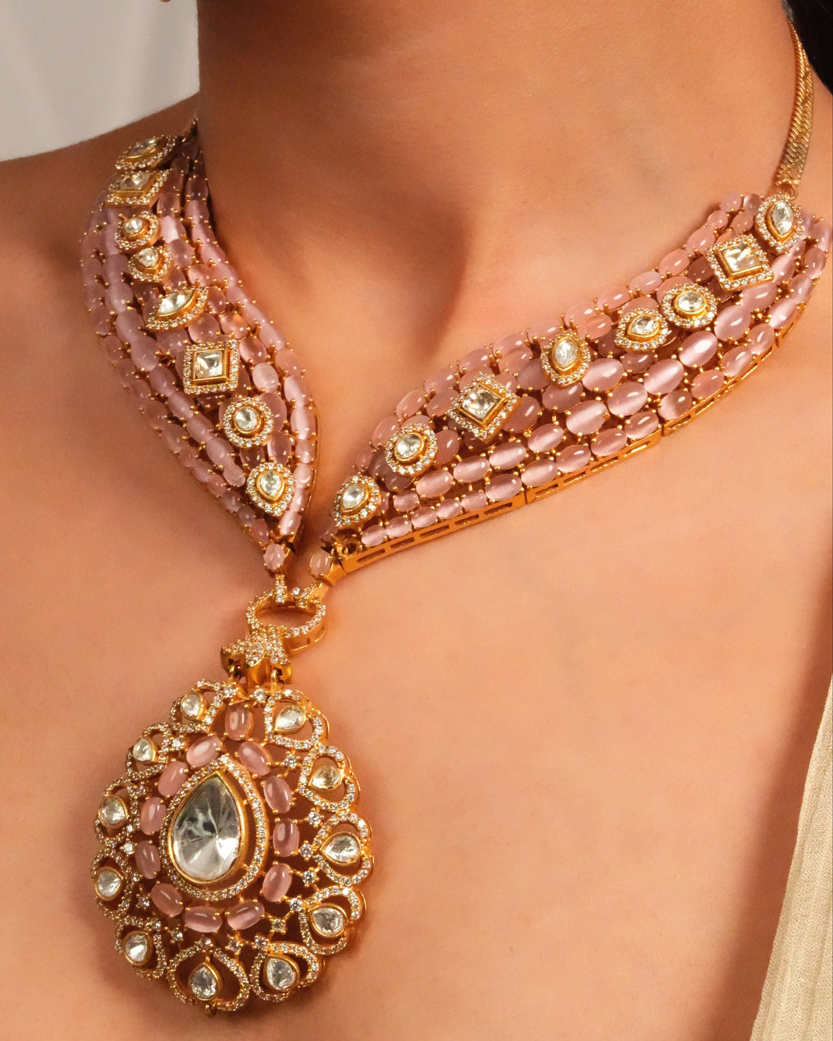 Blush enamel victorian statement necklace with earrings