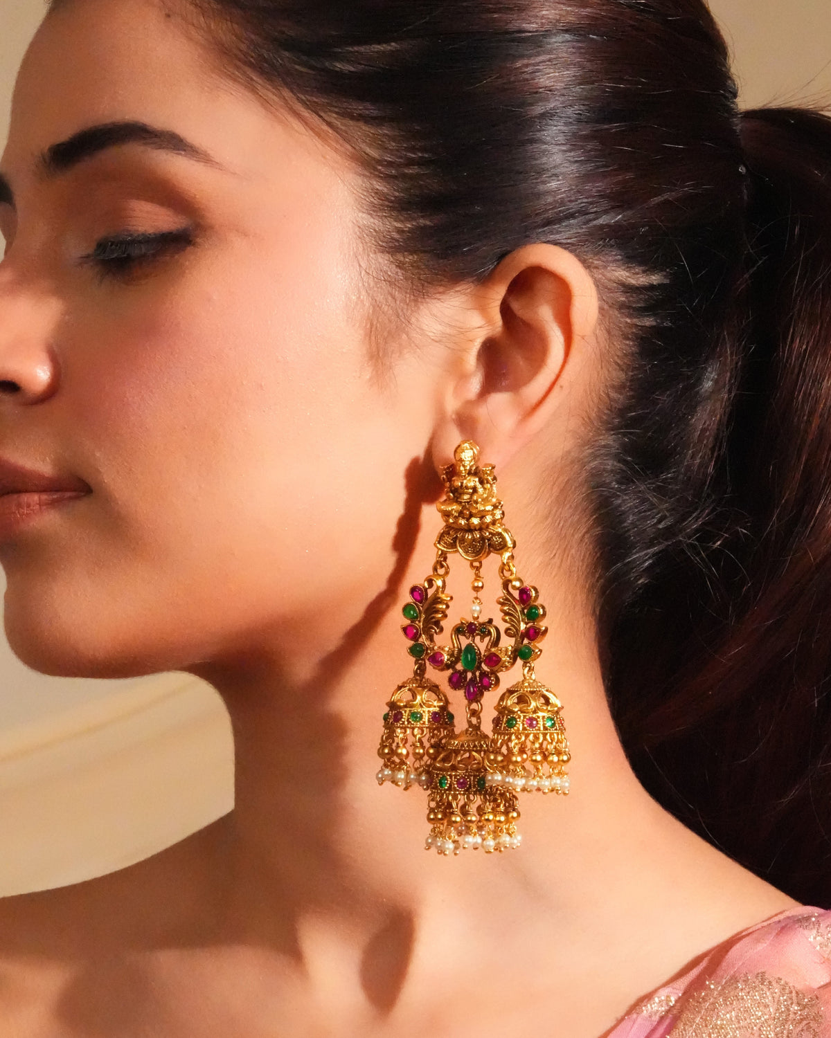 Temple inspired multicolor jhumka earrings