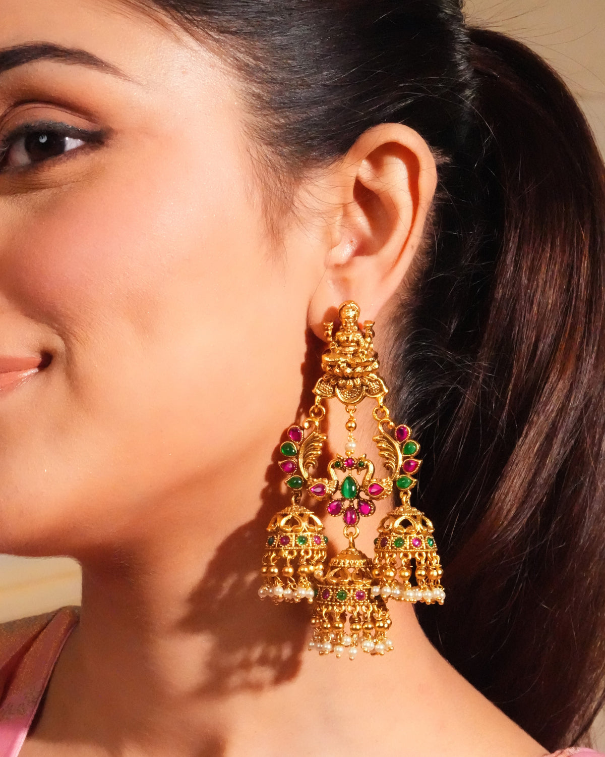 Temple inspired multicolor jhumka earrings