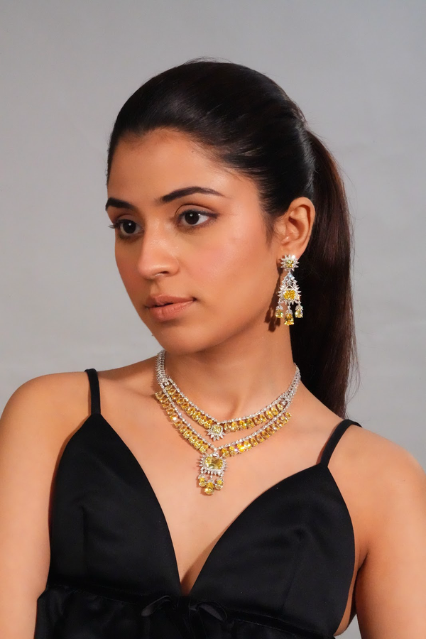 Yellow stone AD layered necklace with earrings