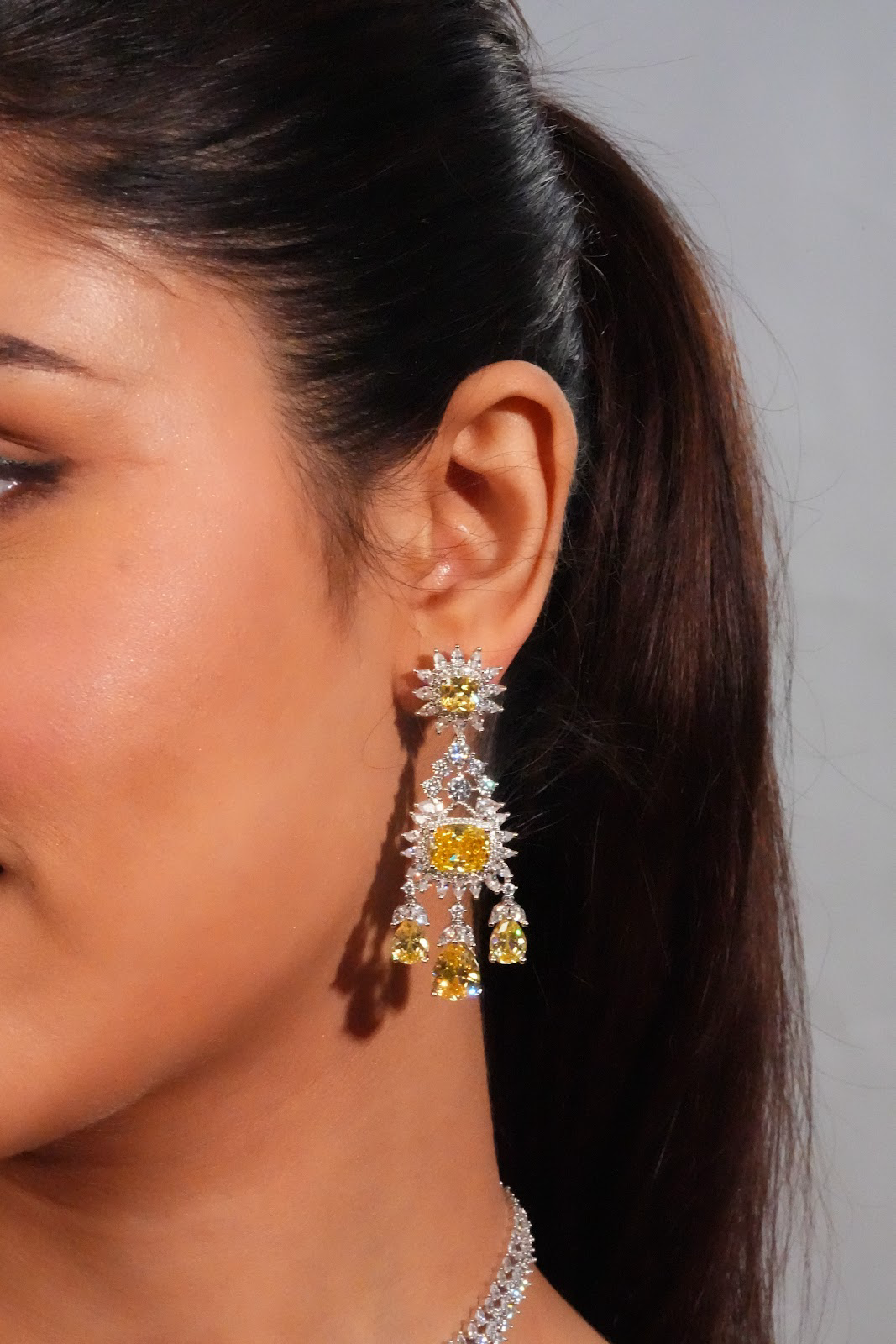 Yellow stone AD layered necklace with earrings