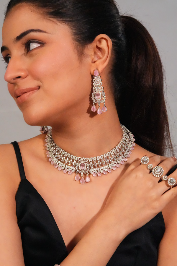 Silver finish pink drop collar with chandelier danglers