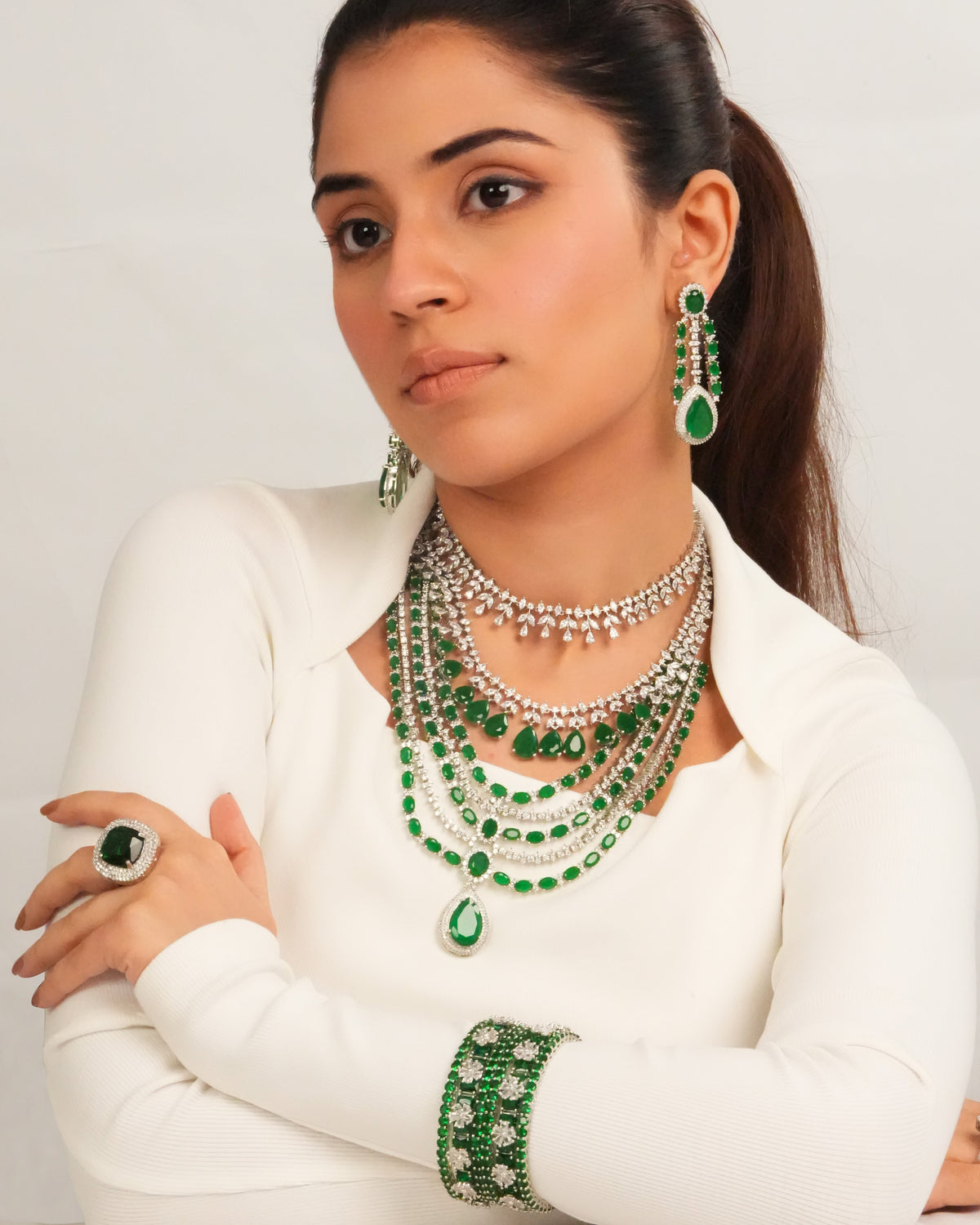 Silver finish multi strand necklace with drop earrings