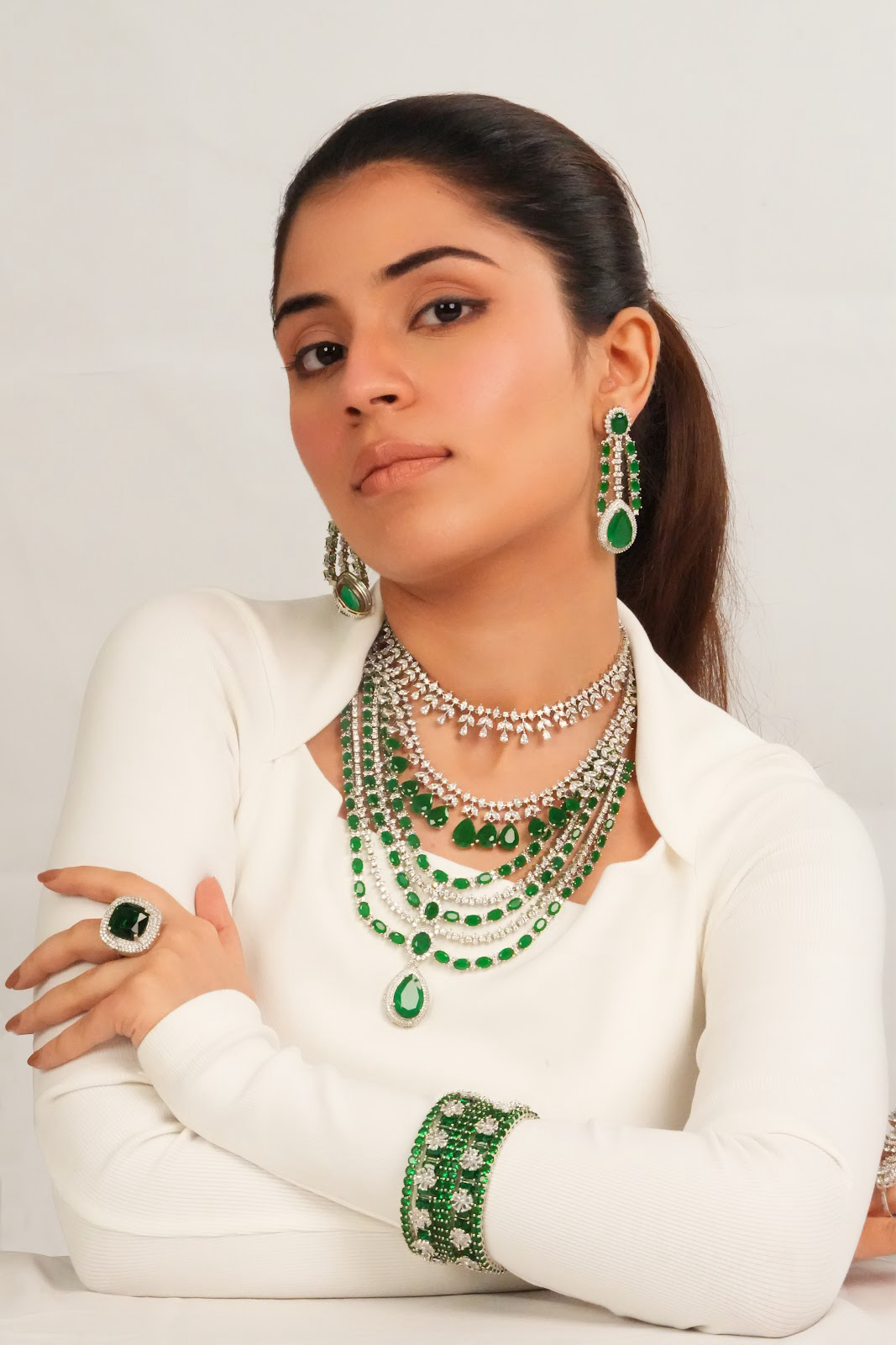 Silver finish multi strand necklace with drop earrings