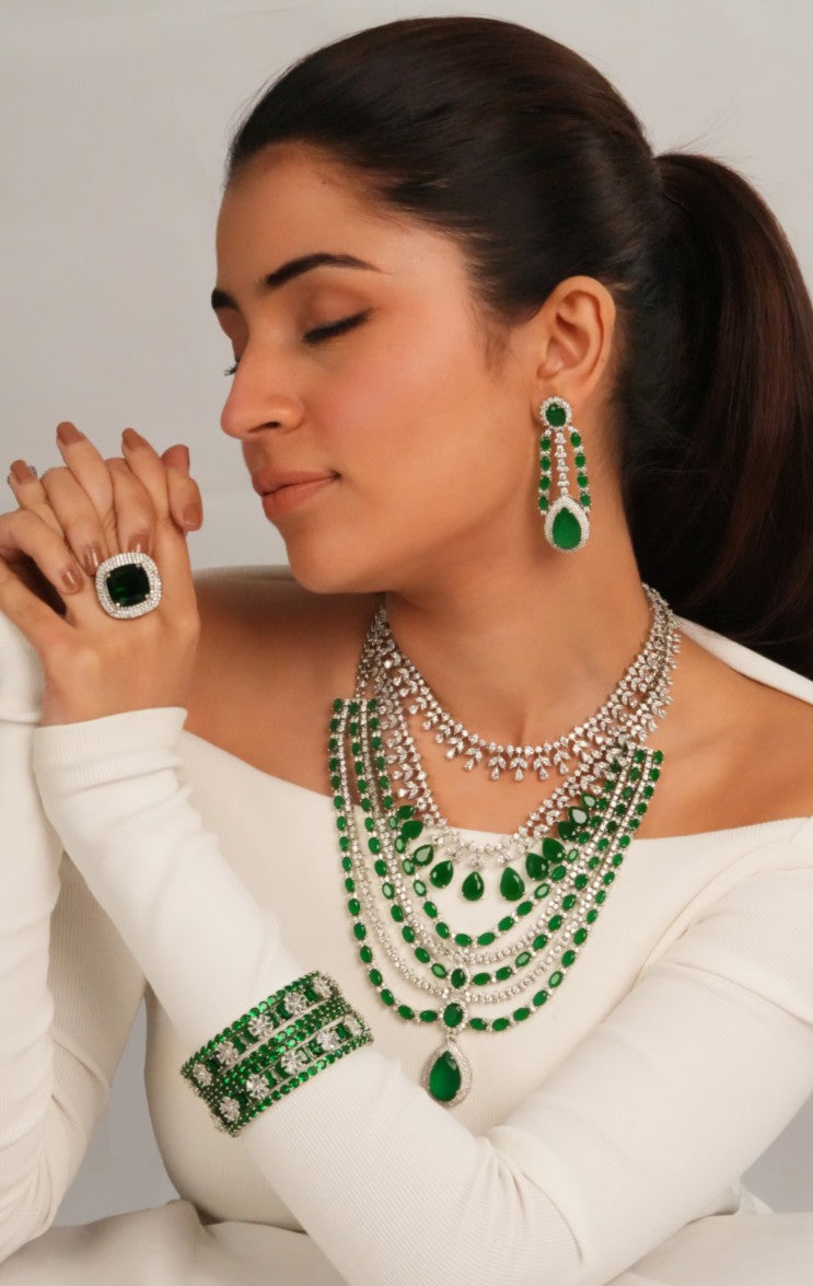 Silver finish multi strand necklace with drop earrings